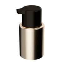 Close-up of PAV/U, a black plastic low-dose twist-to-lock cosmetic pump with a gold collar, set against a white background.