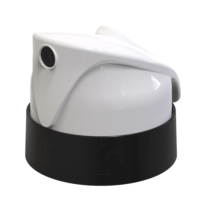 A close-up of an ergonomically-designed aerosol actuator featuring a white nozzle with a curved shape, attached to a black circular base, set against a plain white background.