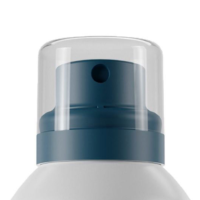Close-up of WS25, a blue modern aerosol actuator with its matching cap, and white bottle base on a plain white background.