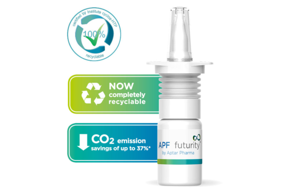 Aptar Pharma white futurity multidose, preservative free nasal spray system with cyclos-HTP fully recyclable AAA+.
