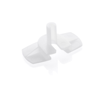 Aptar Pharma Fine Mist Sprayer finger flange in white plastic for use with precision syringe and device.