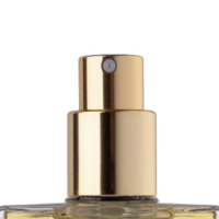 Close-up of a gold-colored spray pump for dry oils named Oil Mist on top of a glass perfume bottle, set against a white background.