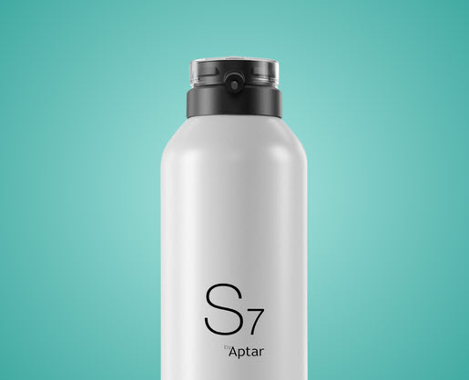 A sleek white bottle with a black ergonomic aerosol actuator, labeled S7 by Aptar, is set against a solid turquoise background.
