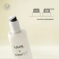 A white pump bottle labeled future: x AirlessPET is shown at an angle. On the right, a simple diagram illustrates the Innovative Locking System, highlighting its suitability for omnichannel packaging solutions.