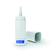 Aptar Pharma's e-Lockout Nasal Spray connected inhaler with a monitor and counter on a white background
