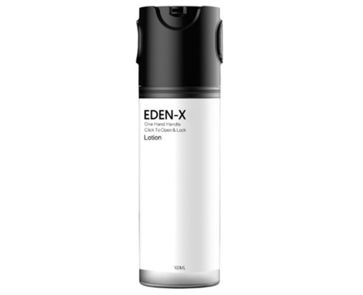 A white bottle labeled EDEN-X with a black pump dispenser and cap. This Lockable Versatile Airless Packaging labeled Eden X and text that reads One Hand Handle, Click To Open & Lock, 100ML on the front.