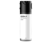 A white bottle labeled EDEN-X with a black pump dispenser and cap. This Lockable Versatile Airless Packaging labeled Eden X and text that reads One Hand Handle, Click To Open & Lock, 100ML on the front.