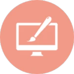 A white icon of a computer monitor with a paintbrush on its screen, set against a solid coral-pink circular background, represents creativity and digital design in the Aptar Go2Lab platform.