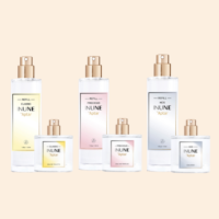 Six bottles of perfume labeled INUNE Aptar are arranged in two rows on a beige background; the top row features taller refillable prestige fragrance pump bottles, while the bottom row displays shorter, squarer bottles, each with unique scents.
