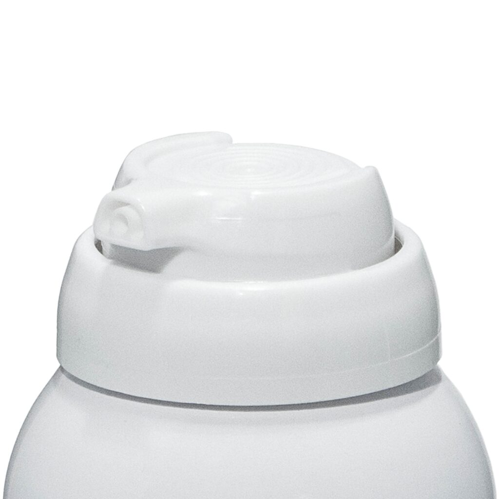 Close-up of the Optimum aerosol actuator for foam and gel, featuring a white plastic nozzle and dispensing mechanism, mounted on a white can and isolated against a plain background.