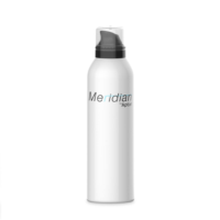 A contemporary aerosol actuator on top of a white cylindrical spray can features a semi-transparent gray cap and the words Meridian by Aptar on the front, all set against a plain white background.