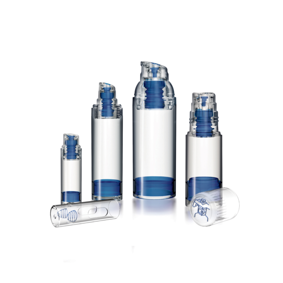 Four blue and white Aptar Airless+ dermal dispensing pump systems of different sizes in a row.