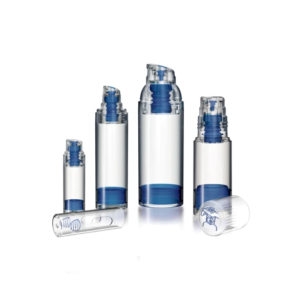 Four blue and white Aptar Airless+ dermal dispensing pump systems of different sizes in a row.