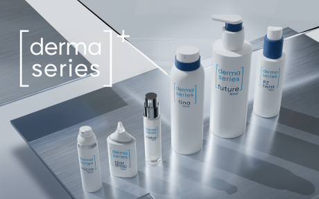 A selection of six packaging from the Derma Series Collection designed for the dermocosmetics market.
