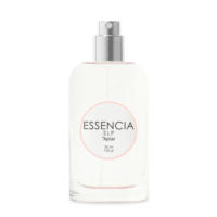 A clear glass perfume bottle with a silver, low-profile fragrance pump and a round label that reads ESSENCIA SLP Aptar, 30 ml, 100 ml. The bottle is simple and elegant with a minimalist design.