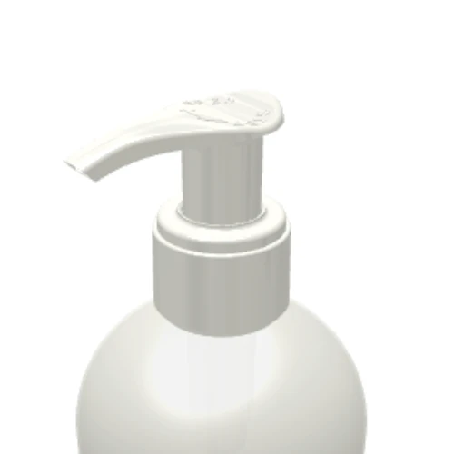 A close-up view of the top portion of a white plastic dispensing pump with metal-free pathway labeled GSA bottle against a plain white background.