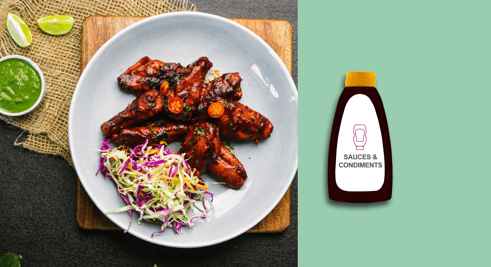 Makalu sauces and condiemtns closure photgraphed with chicken and slaw