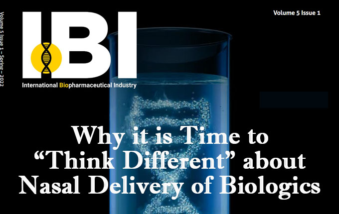 International Biopharmaceutical Industry Cover photo with the article titled, "Why it is time to think differently about Nasal delivery of Biologics"