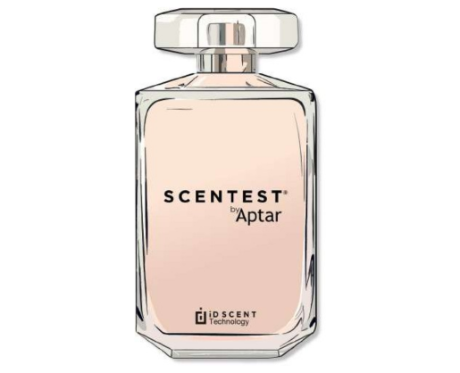 Illustration of a clear perfume bottle with a rectangular shape and faceted cap, labeled SCENTEST by Aptar and featuring the ID SCENT Technology logo at the bottom, highlighting Sensorial Paper Sampling. The bottle contains a pale pink liquid.