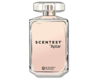 Illustration of a clear perfume bottle with a rectangular shape and faceted cap, labeled SCENTEST by Aptar and featuring the ID SCENT Technology logo at the bottom, highlighting Sensorial Paper Sampling. The bottle contains a pale pink liquid.