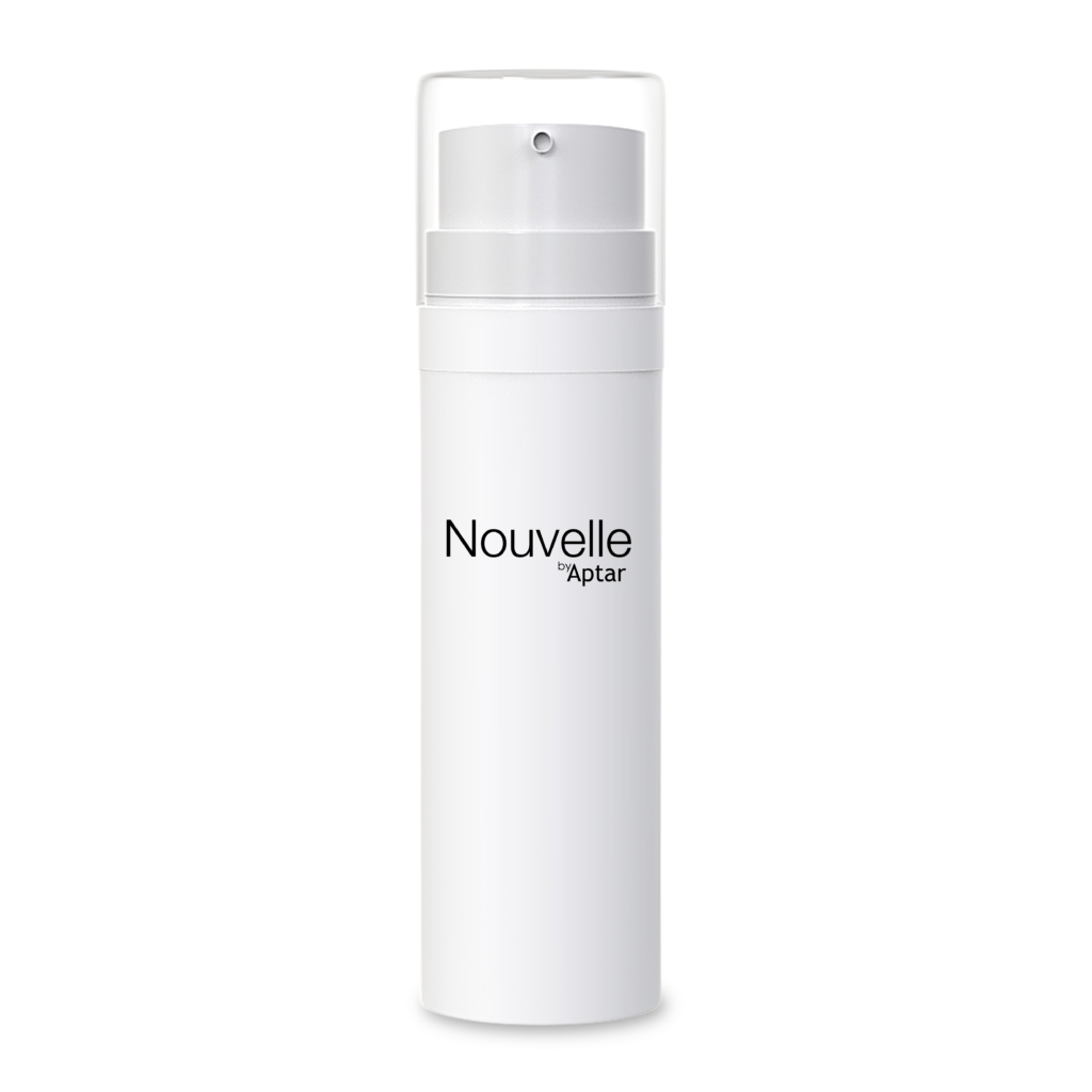 A white, cylindrical plastic airless bottle with a clear cap featuring the text Nouvelle by Aptar printed on the front. This customizable airless packaging stands upright against a plain white background.