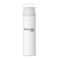 A white, cylindrical plastic airless bottle with a clear cap featuring the text Nouvelle by Aptar printed on the front. This customizable airless packaging stands upright against a plain white background.