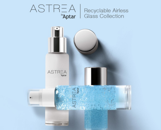 Three clear airless glass dispensers from the ASTREA by Aptar Recyclable Airless Glass Collection are arranged on a soft light blue background. Two bottles are positioned vertically : one with a silver actuator without the cap, and one with its silver cap on and while the third lies horizontally in the foreground with a white actuator and clear cap.