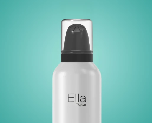 A white aerosol can with a black classic inverted foam actuator covered by a clear plastic cap, labeled Ella by Aptar, set against a teal background.
