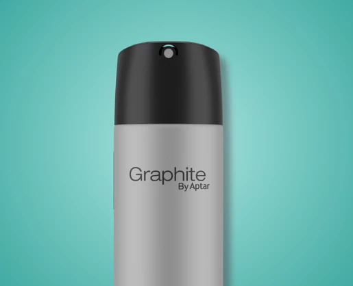 A silver spray bottle with a black spray-through aerosol actuator, labeled Graphite By Aptar, is shown against a turquoise background.