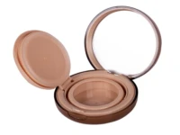 A round, open cushion compact case with a mirror inside the lid and an empty beige compartment for makeup or foundation. The brown case is fully open, perfect for showcasing products from a custom cosmetic packaging manufacturer.