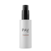 A white bottle with a black  low dosage pump dispenser labeled PAV Treatment stands upright on a white background. The minimalistic, modern design features a convenient low dosage pump for precise application.