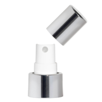 A close-up of a fine mist spray pump named EuroMist with a metallic silver and white finish, shown with its matching cap removed and positioned above the pump. The background is white.