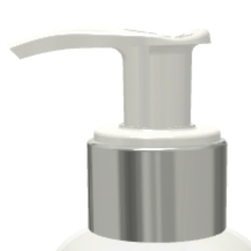 Close-up of a white plastic Dispensing Pump with Metal-Free Pathway named GSA and a silver neck, typically used for soap, lotion, or sanitizer bottles. The background is plain and white.