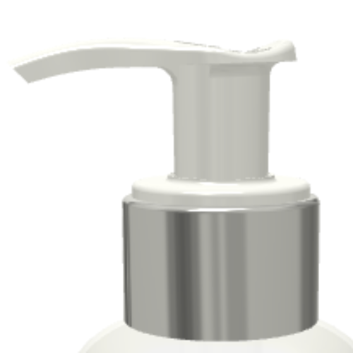 Close-up of a white plastic Dispensing Pump with Metal-Free Pathway named GSA and a silver neck, typically used for soap, lotion, or sanitizer bottles. The background is plain and white.