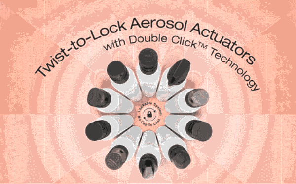 Ten white bottles with black aerosol actuator caps are arranged in a circle on a peach background. The title says 