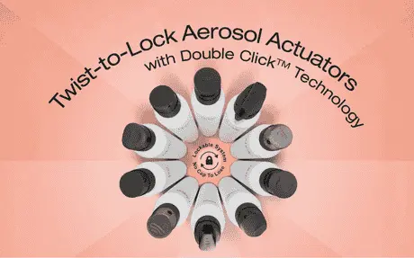 Ten white bottles with black aerosol actuator caps are arranged in a circle on a peach background. The title says "Twist-to-Lock Aerosol Actuators with Double Click Technology." At the center, a label reads “Lockable System, No Cap To Lose” with a rotating lock icon, indicating the aerosol packaging has twist-to-lock packaging functionality.