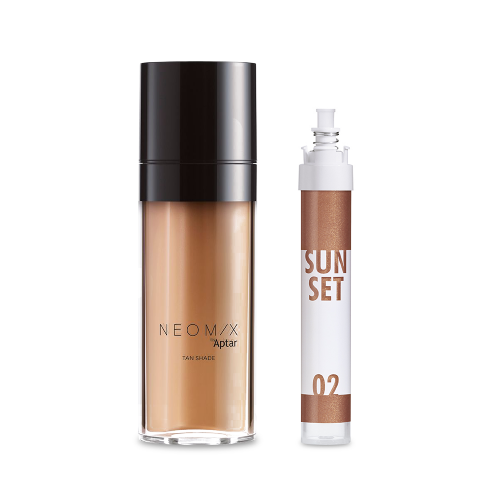 Two cosmetic products: a tan liquid foundation in a clear dual-chamber airless bottle with a black cap labeled NEOMIX , and a slim tube labeled SUNSET 02 with brown and white design.