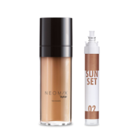 Two cosmetic products: a tan liquid foundation in a clear dual-chamber airless bottle with a black cap labeled NEOMIX , and a slim tube labeled SUNSET 02 with brown and white design.
