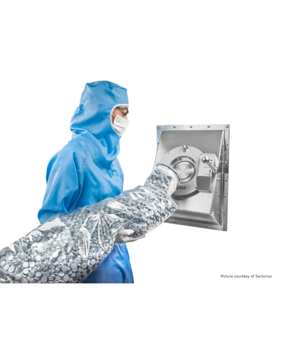 Rapid Transfer Port Bag (RTP) being connected to an isolator or RABS to transfer parenteral closure components aseptically.