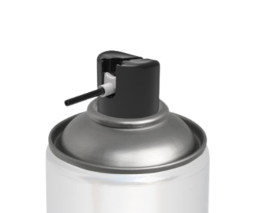 A close-up of the nozzle and aerosol actuator with built in extension tube Akur on a silver and whte spray can with a black top and a thin black straw attached for precise application, isolated on a white background.