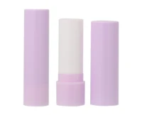A pastel non guided lipstick packaging is shown, with one version uncapped to display the white tube with its cap beside it, and the other one capped.