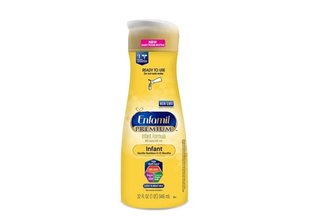 A packshot of Enfamil's liquid infant formula featuring Aptar's patented Drip Catcher feature