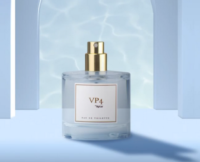 A glass perfume bottle labeled VP4 by Aptar with a gold, high-performing fragrance pump sits on a light surface, framed by blue archways and illuminated by soft, dappled light resembling water reflections.
