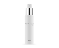 A single, elegant white bottle labeled “AURIGA”  with a silver collar and a white actuator stands upright against a plain white background. It features the premium airless beauty packaging of Aptar.