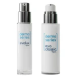 Two white cylindrical bottles with silver pumps showcase packaging solutions for dermocosmetics. The left bottle is labeled derma series evalux and the right one derma series evo classic, both featuring blue text on a white background.