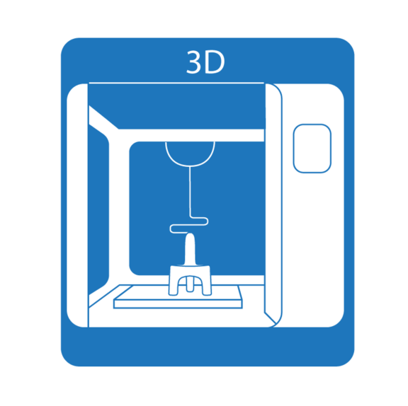 Blue 3D printer shown printing Aptar Pharma unidose nasal spray device component or prototype for R&D and fast development.