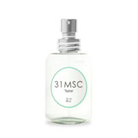 A clear glass spray bottle, featuring a silver lifestyle fragrance pump labeled 31 MSC ,  on a white background.