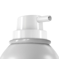 Close-up of an aerosol actuator with extended nozzle labeled CAR, featuring a white plastic cap and small protruding spout, shown against a plain white background.