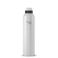 A tall, white aerosol spray can with a black cap and twist-to-lock aerosol actuator for spray, labeled Tina by Aptar in simple black text, stands upright against a plain white background.