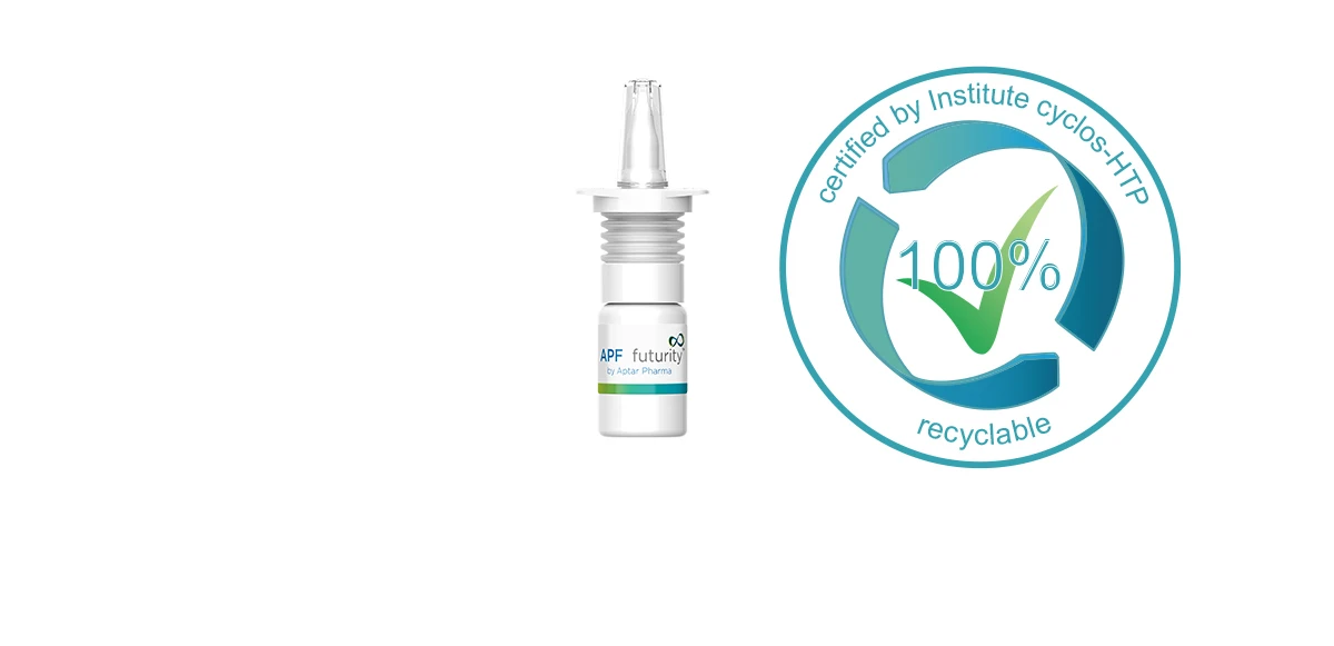 Aptar Pharma white futurity multidose, preservative free nasal spray system with cyclos-HTP fully recyclable AAA+ seal.